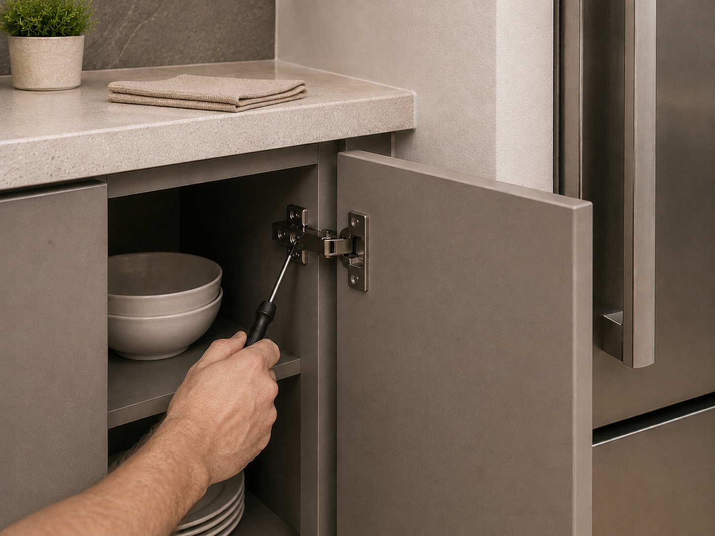 A concealed cabinet hinge being carefully adjusted beside a slightly open slab door.