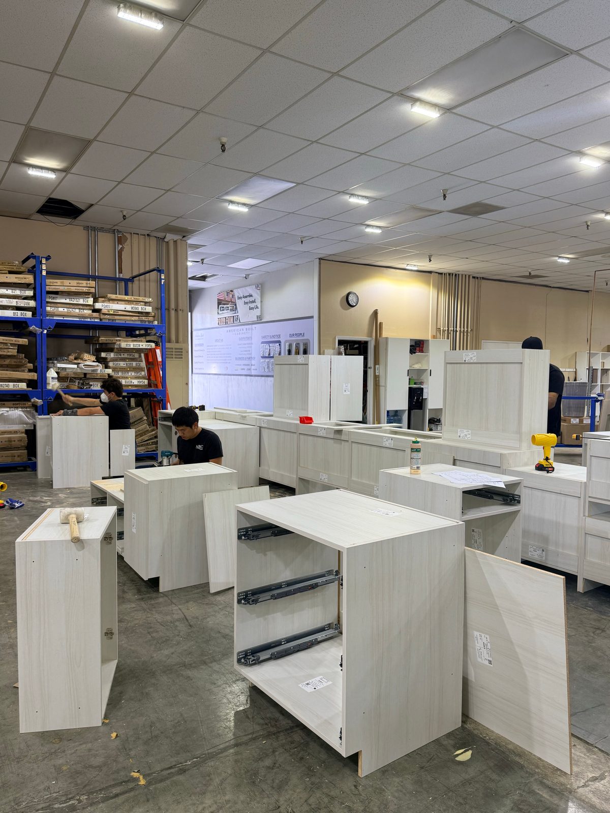 Finished Chabot College Pre-School cabinets on the production floor at the American Built Cabinets San Jose facility